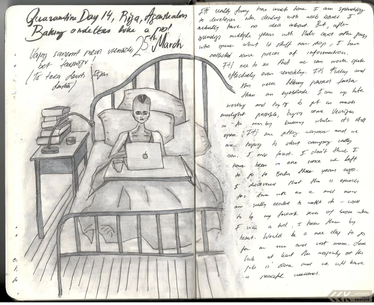 Anna Meiere Logina’s diary, 25 March 2020: a drawing of working on a laptop in bed.