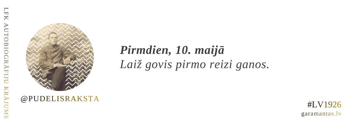 Emīls Pudelis · 1926. Pirmdien, 10. maijā. Laiž govis pirmo reizi ganos.